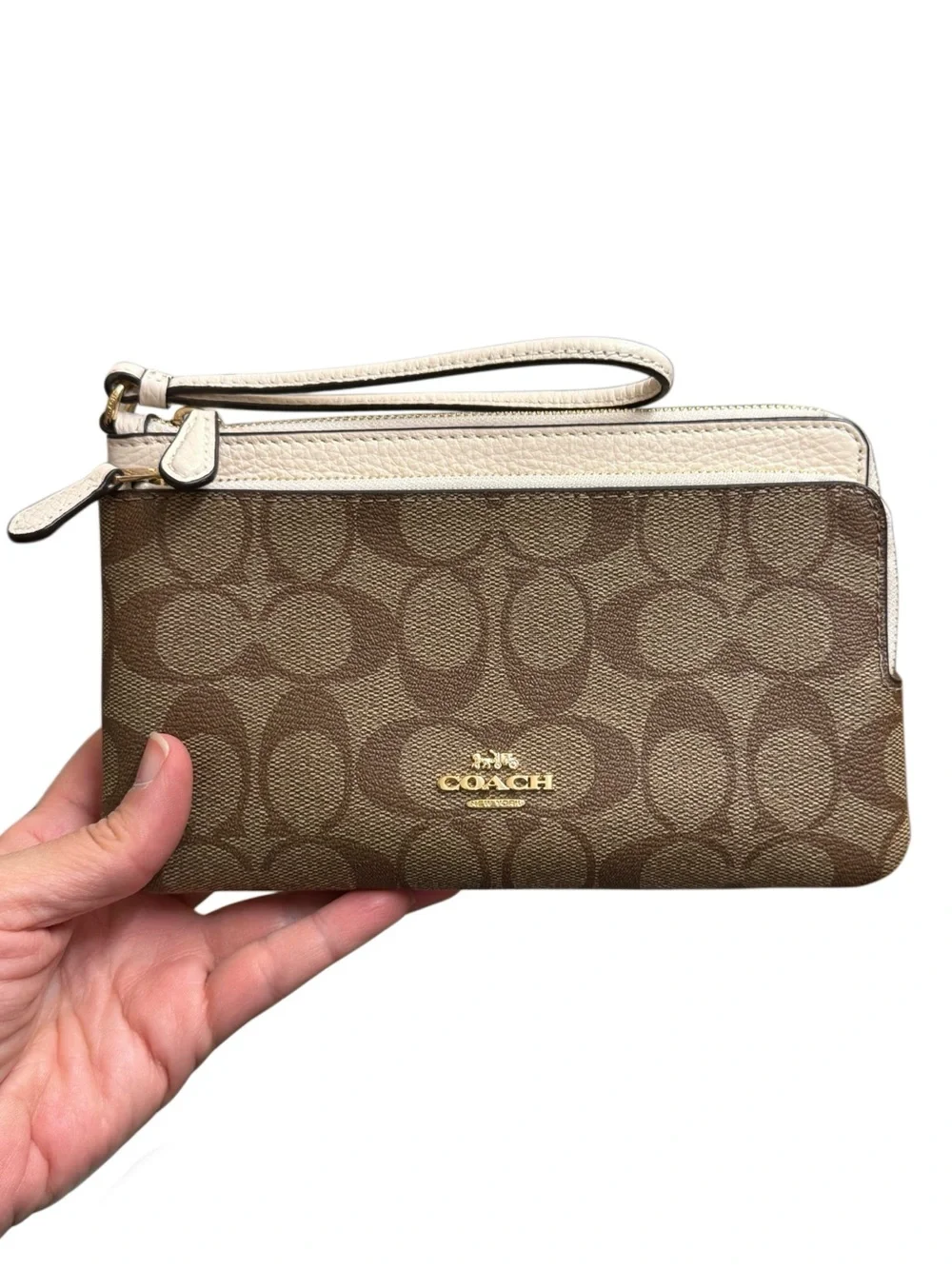 Coach C5576 Signature Canvas Double Zip Wallet Wristlet Brown Pebble Leather
